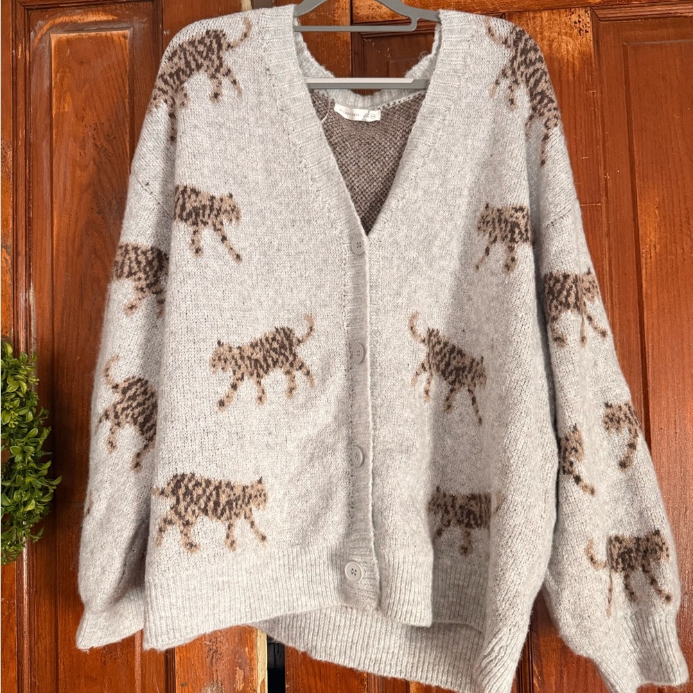 Altar'd State Light Gray Cardigan with Brown Tiger Motif